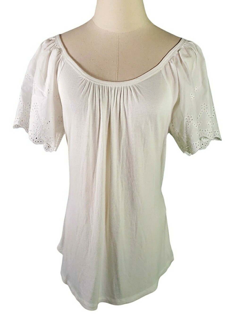 Steve Madden White Eyelet Olina Scoopneck Ribbed Blouse Cottagecore Pesant Top L